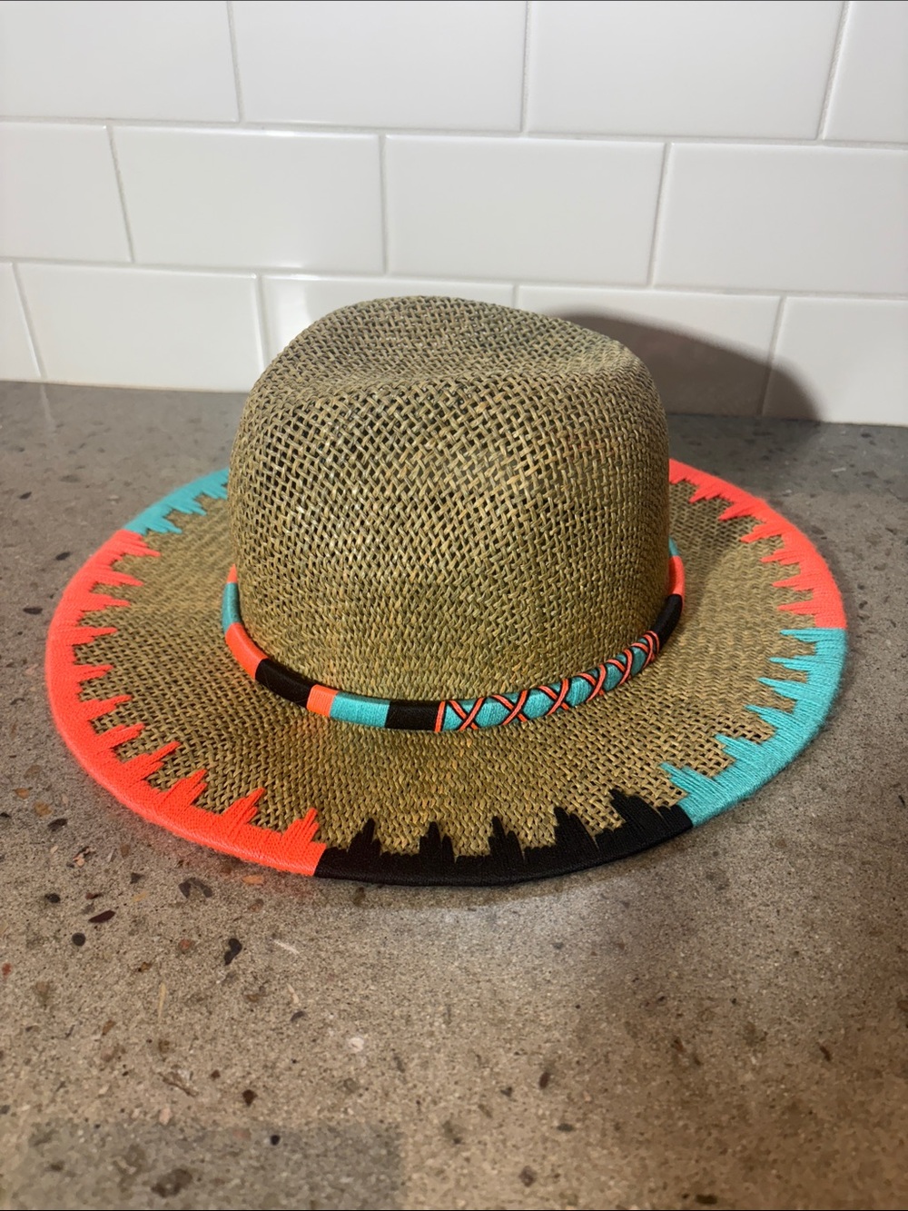 Woven Straw Fedora Hat with Neon Coral & Turquoise Trim